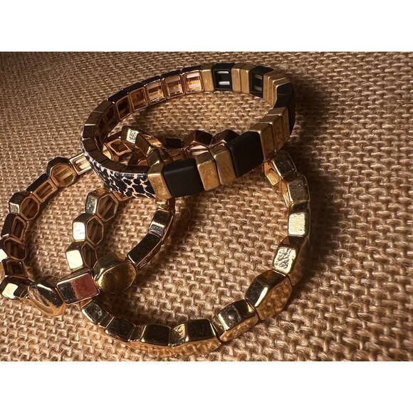 Gold Black Geometric Hexagonal & Square Flat Bead Stretch Bracelets--Set of 3 - Picture 3 of 12